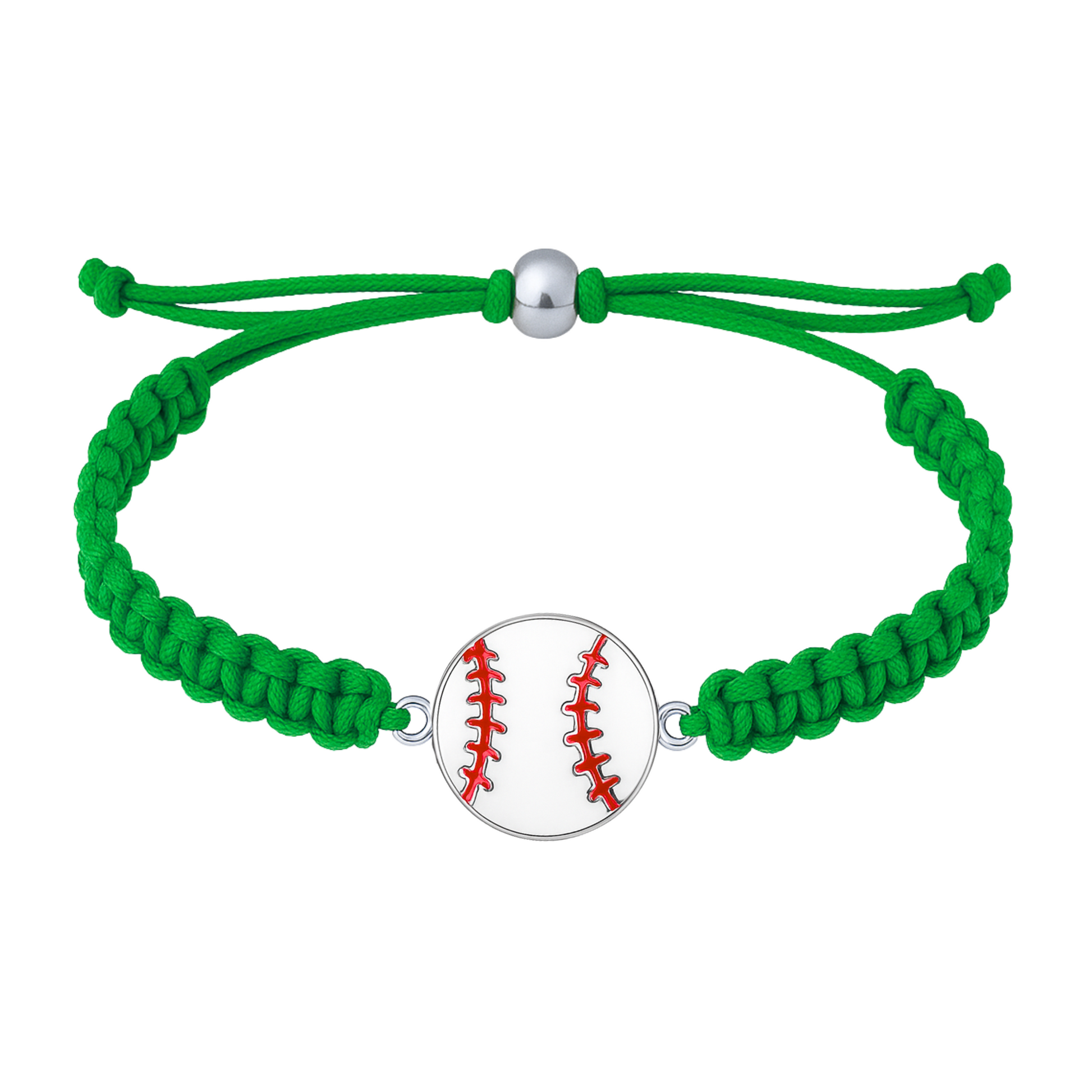 Green baseball rope bracelet with detailed red seam charm, durable and adjustable for daily wear