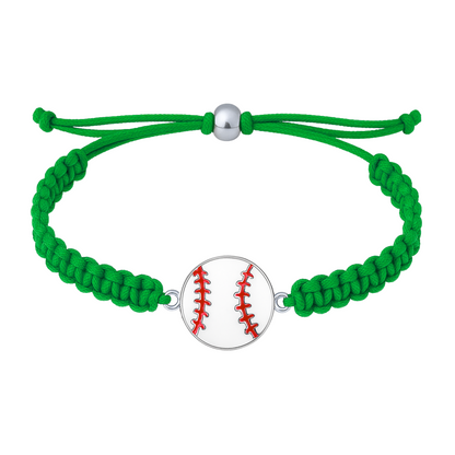Green baseball rope bracelet with detailed red seam charm, durable and adjustable for daily wear