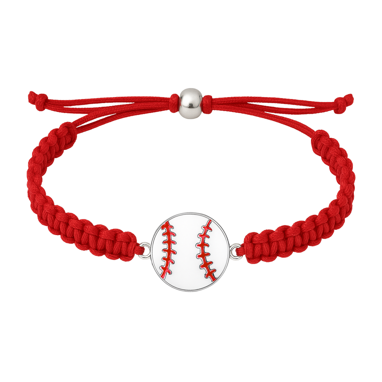 Red braided baseball bracelet with classic stitched baseball charm, ideal for team spirit gifts
