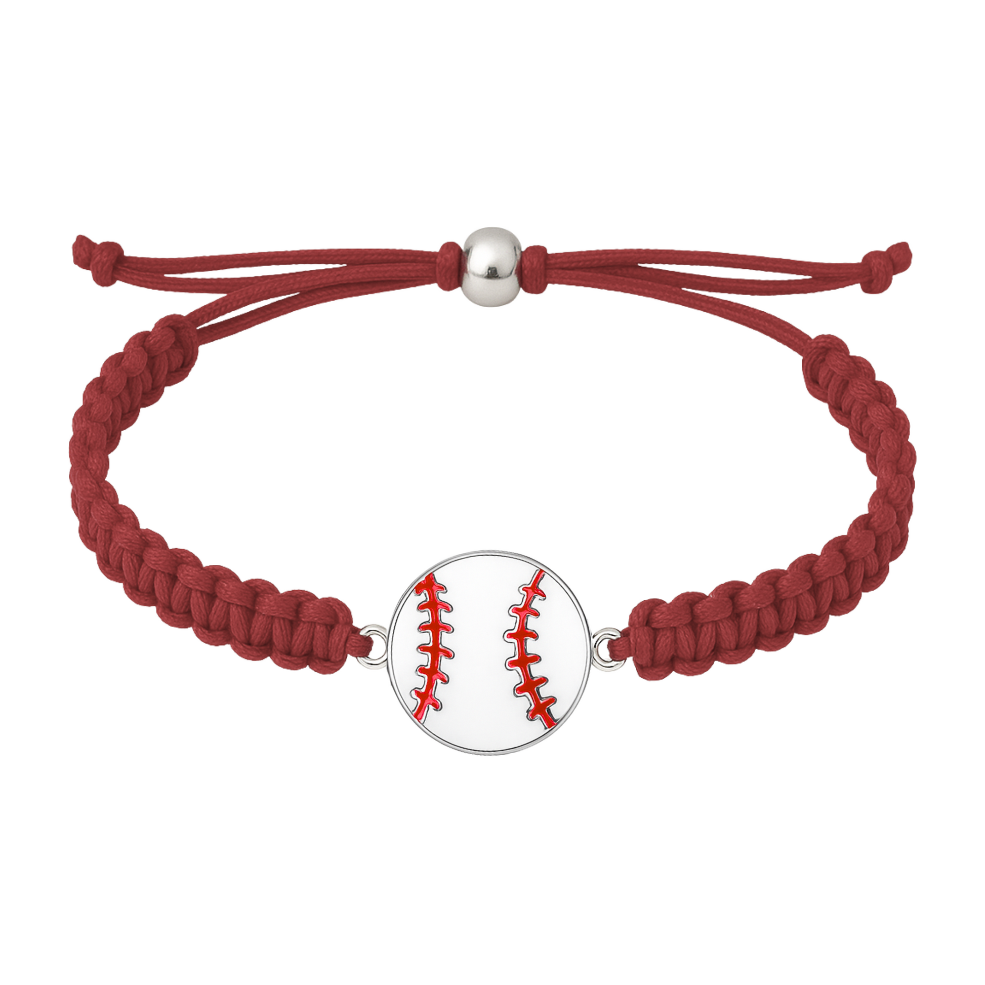 Maroon baseball rope bracelet with white ball charm and adjustable slip-knot closure for comfort