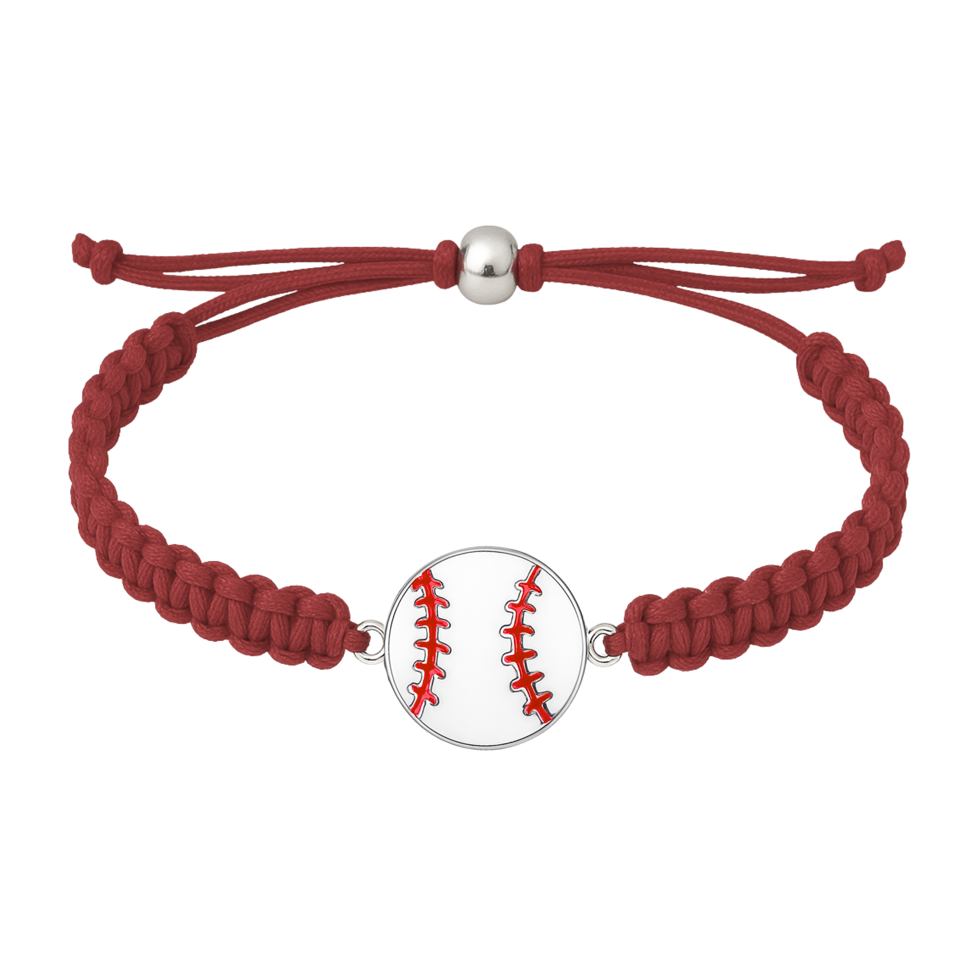 Maroon baseball rope bracelet with white ball charm and adjustable slip-knot closure for comfort