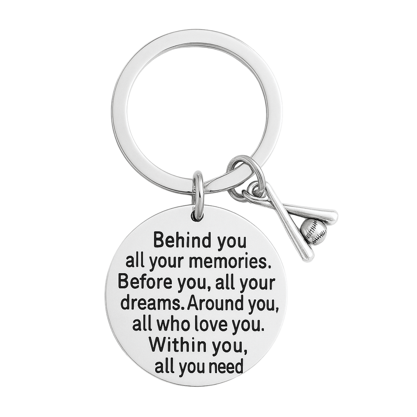 Motivational engraved keychain with heart and glove charms, perfect for baseball fans