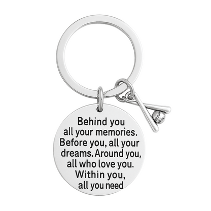 Motivational engraved keychain with heart and glove charms, perfect for baseball fans