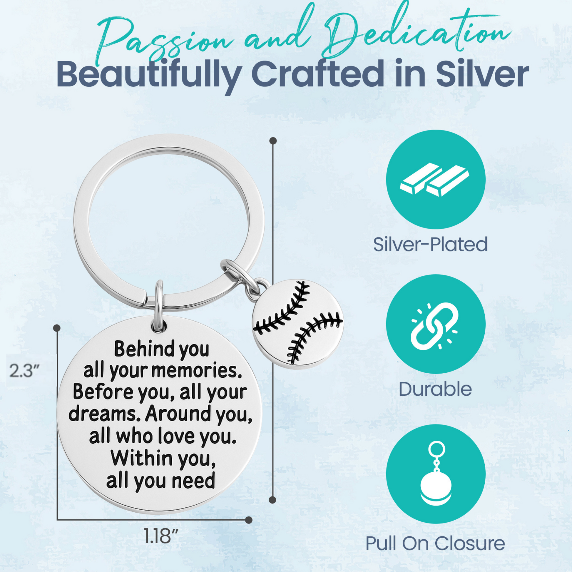 Blue promotional card highlighting baseball keychain as unique and stylish sports gift