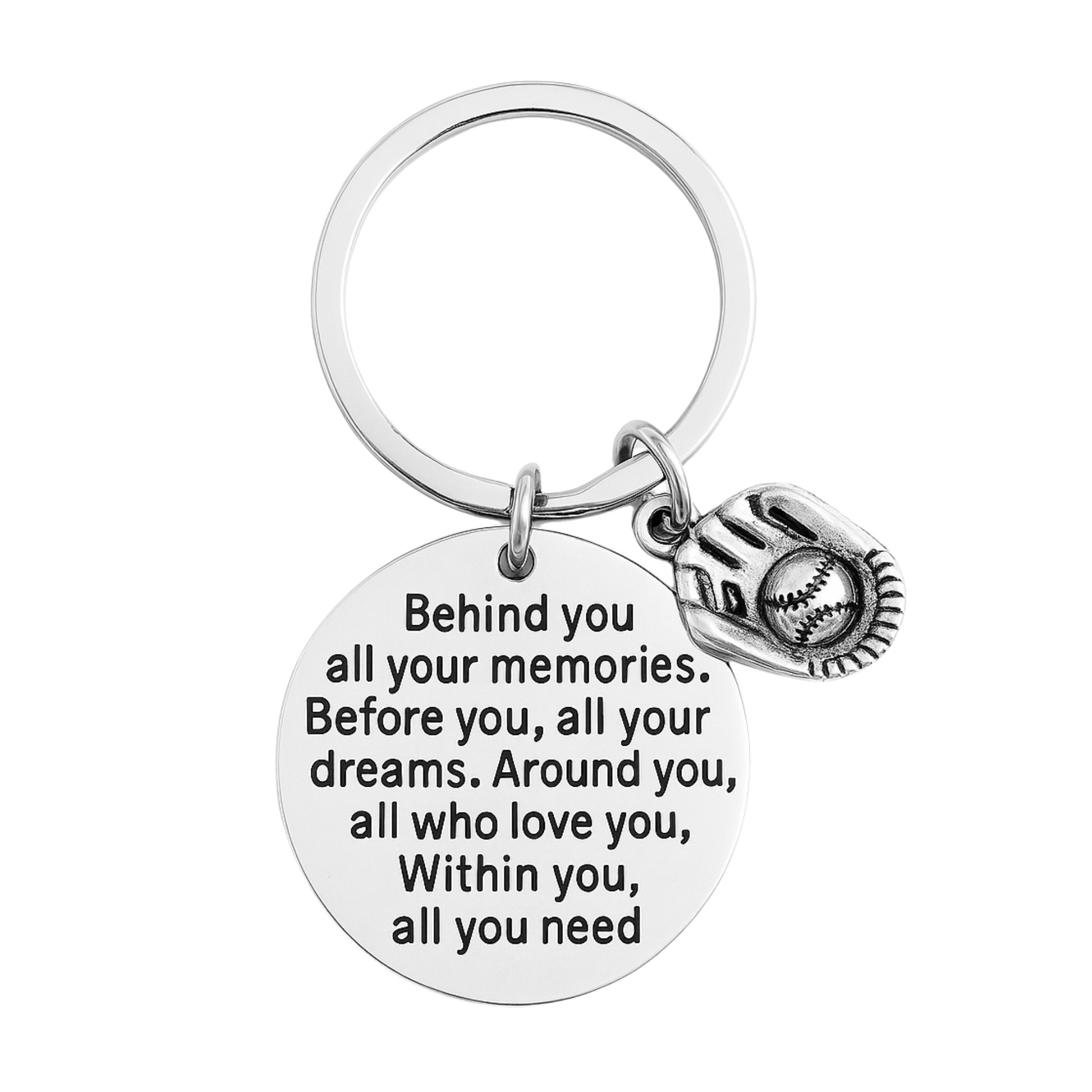  Quote keychain displayed with glove charm, engraved for baseball player encouragement