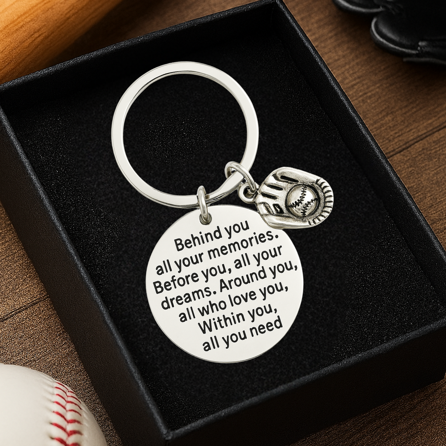 Baseball keychain displayed in jewelry box with heart and glove charms on black background