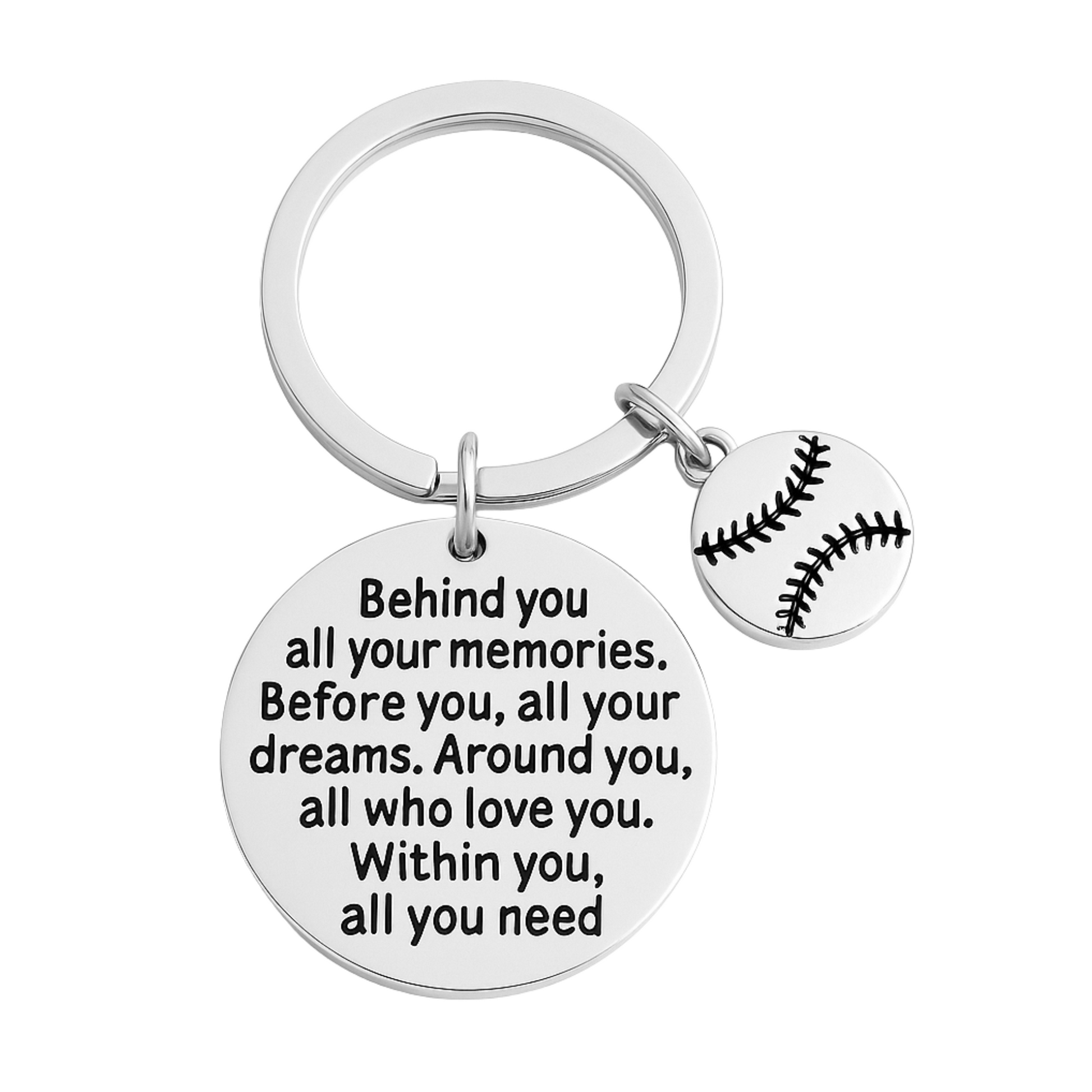 Silver baseball keychain with engraved quote “Behind you all your memories…” and stitched baseball charm