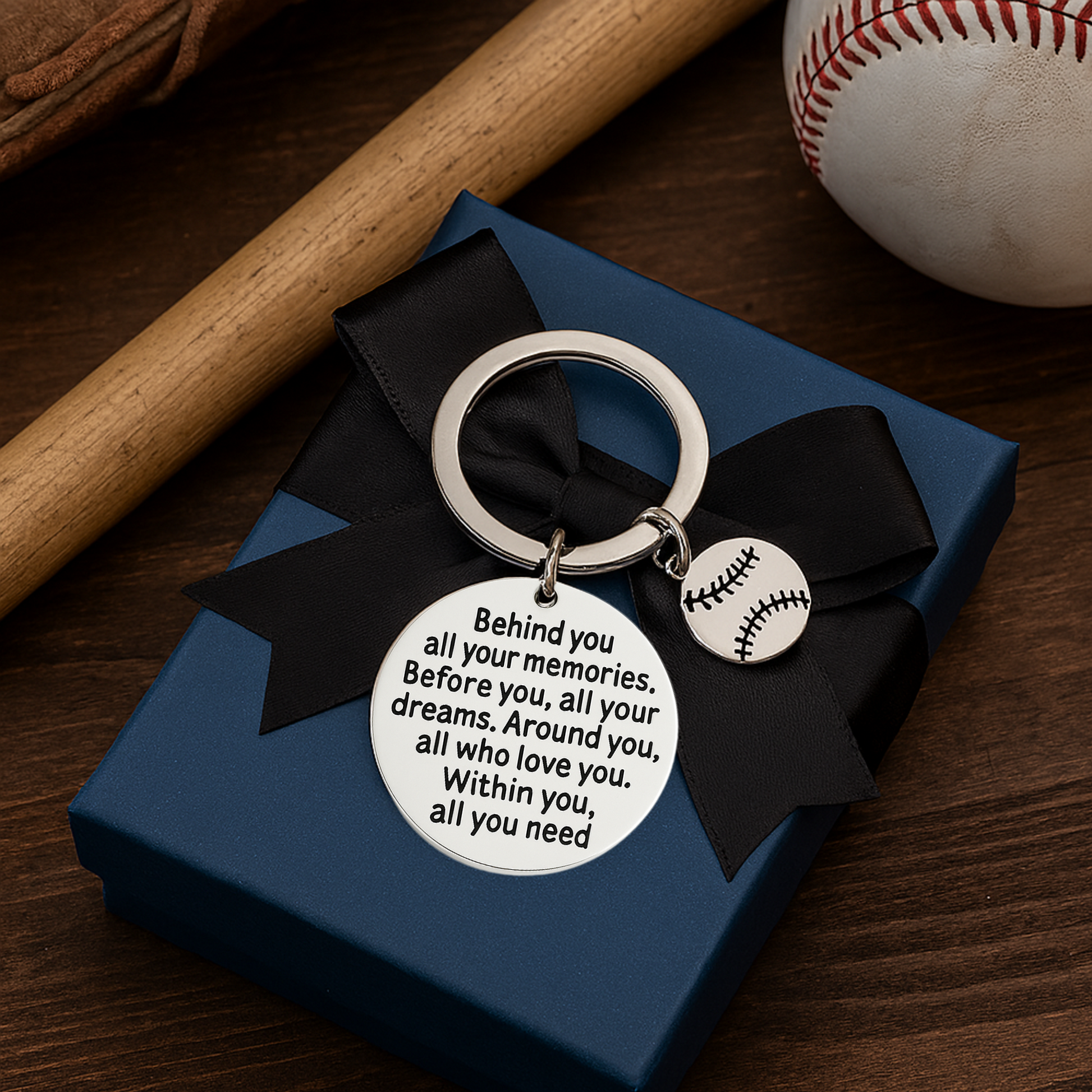  Silver-tone baseball keychain photographed next to glove and bat on wooden surface