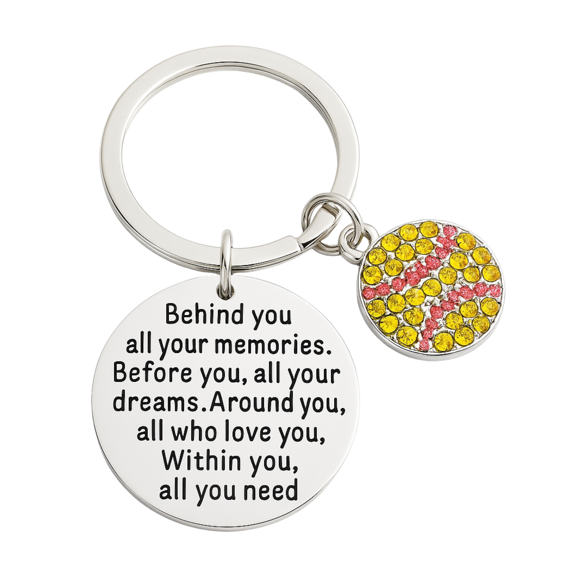 Inspirational baseball keychain with yellow softball accent charm on white background