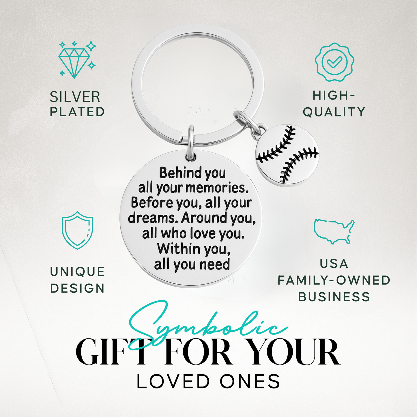 Product feature image with icons for durability, hypoallergenic metal, and polished silver finish