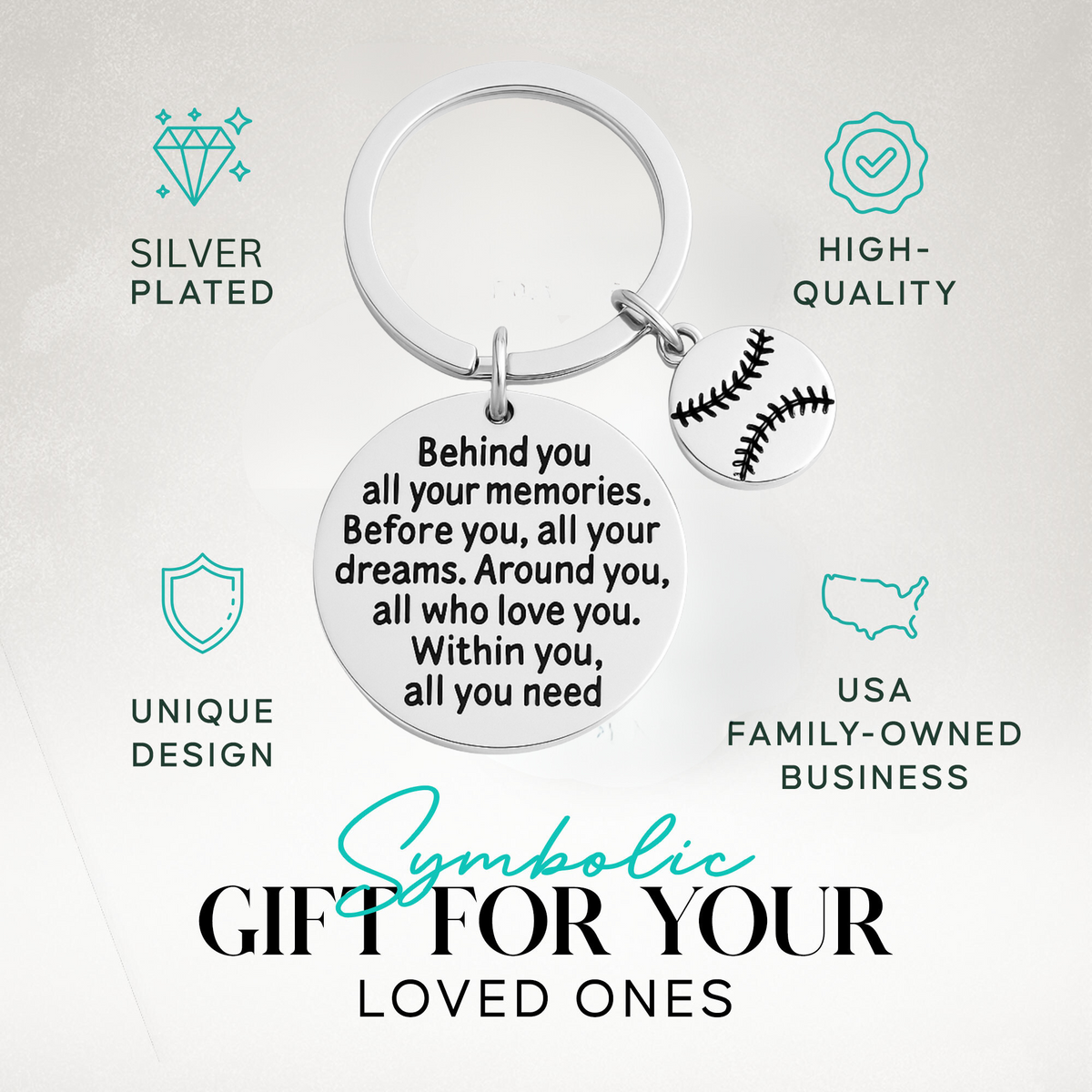 Product feature image with icons for durability, hypoallergenic metal, and polished silver finish