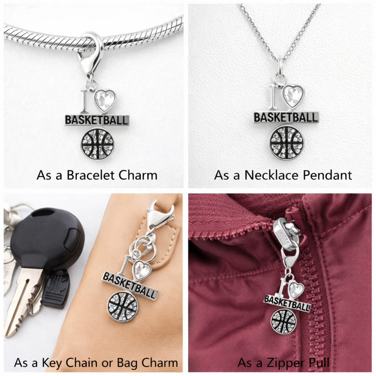 I <3 Basketball CZ Clip On Zipper Pull