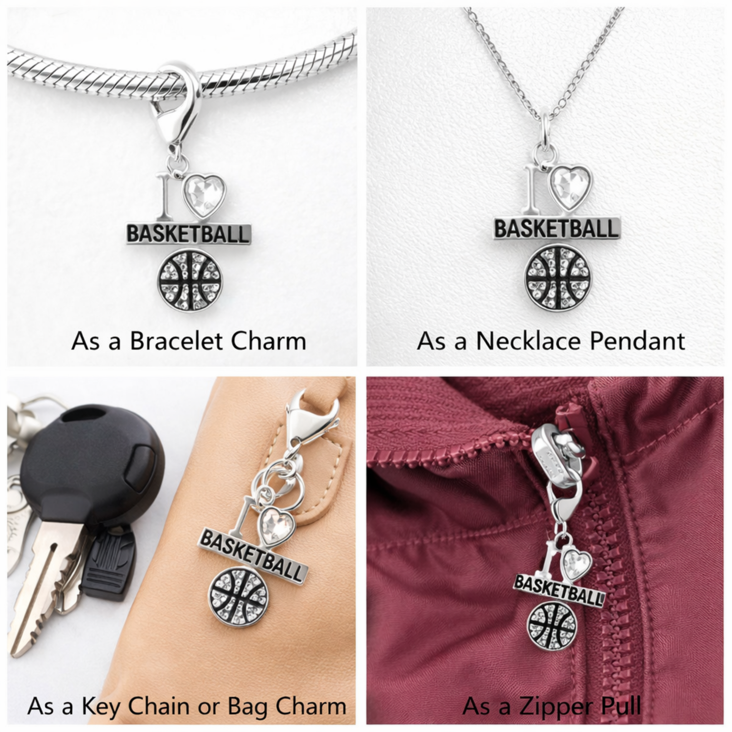 I <3 Basketball CZ Clip On Zipper Pull