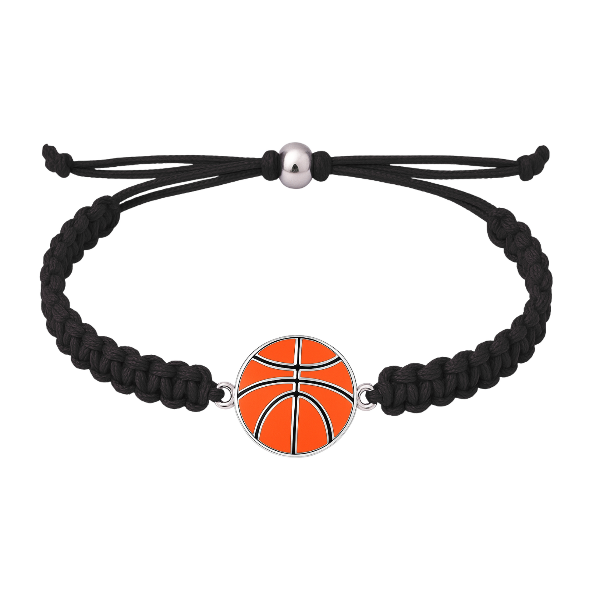Black rope bracelet featuring a detailed basketball charm in orange enamel