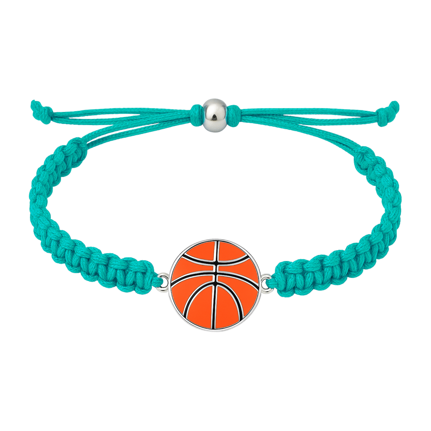 Teal braided bracelet with silver basketball charm, displayed on white background