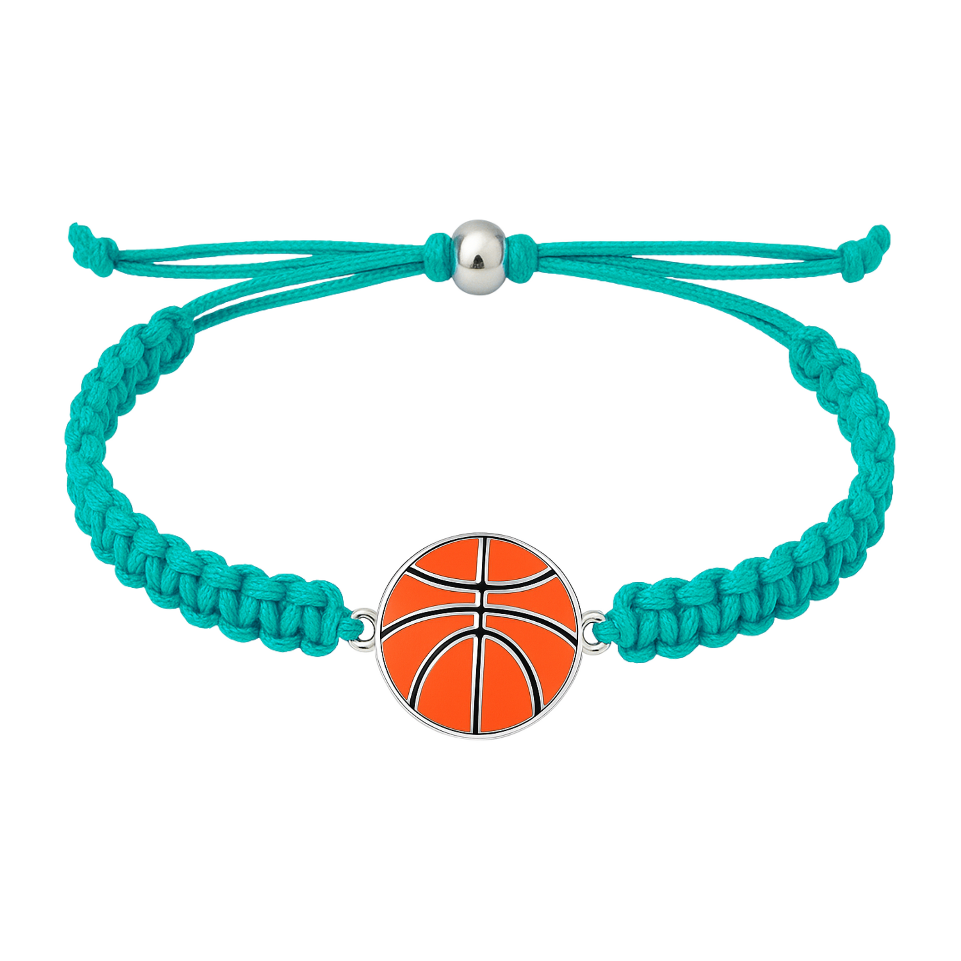Teal braided bracelet with silver basketball charm, displayed on white background