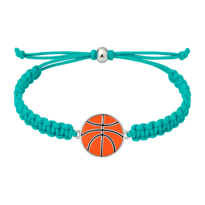 Teal braided bracelet with silver basketball charm, displayed on white background