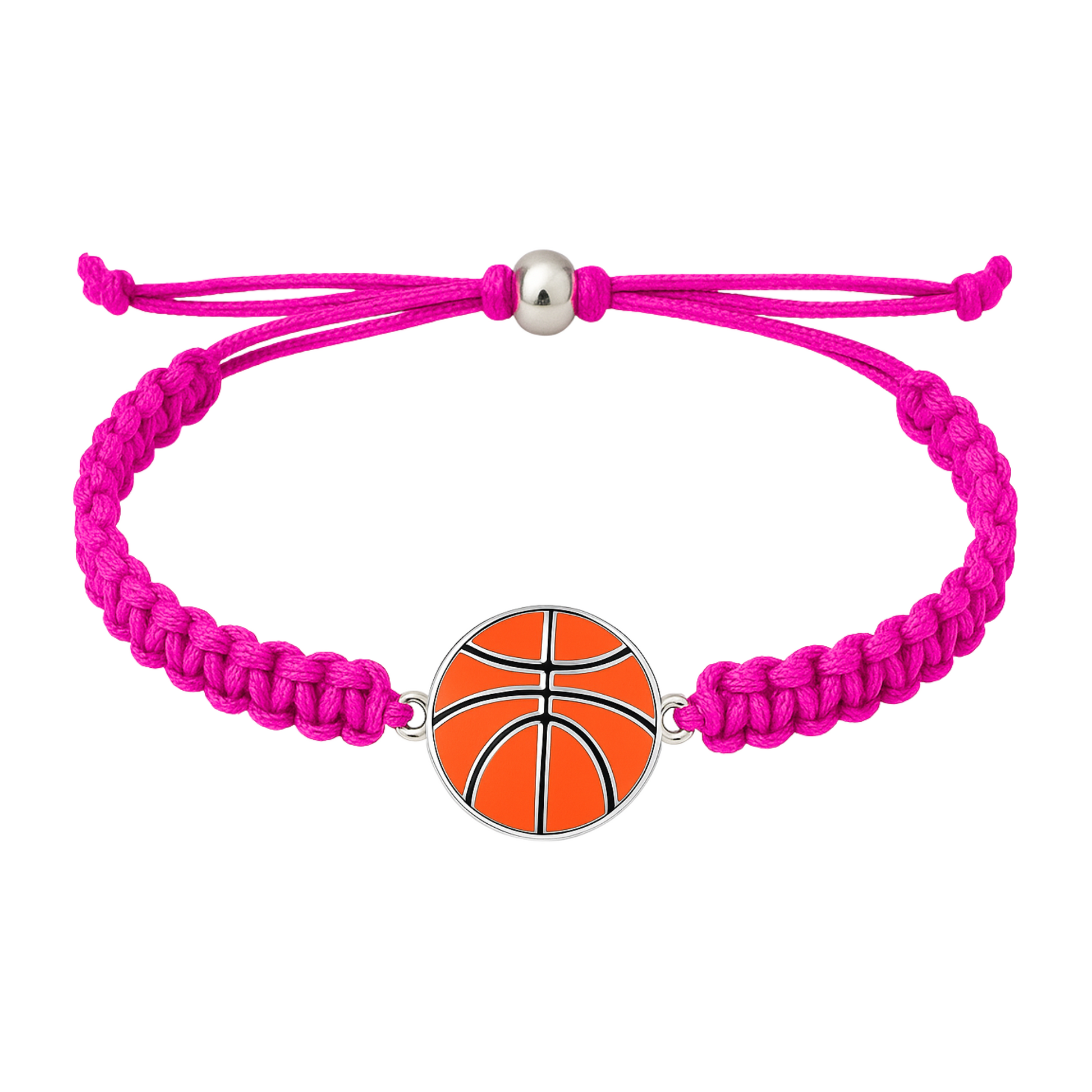 Hot pink rope bracelet with orange basketball charm and adjustable design