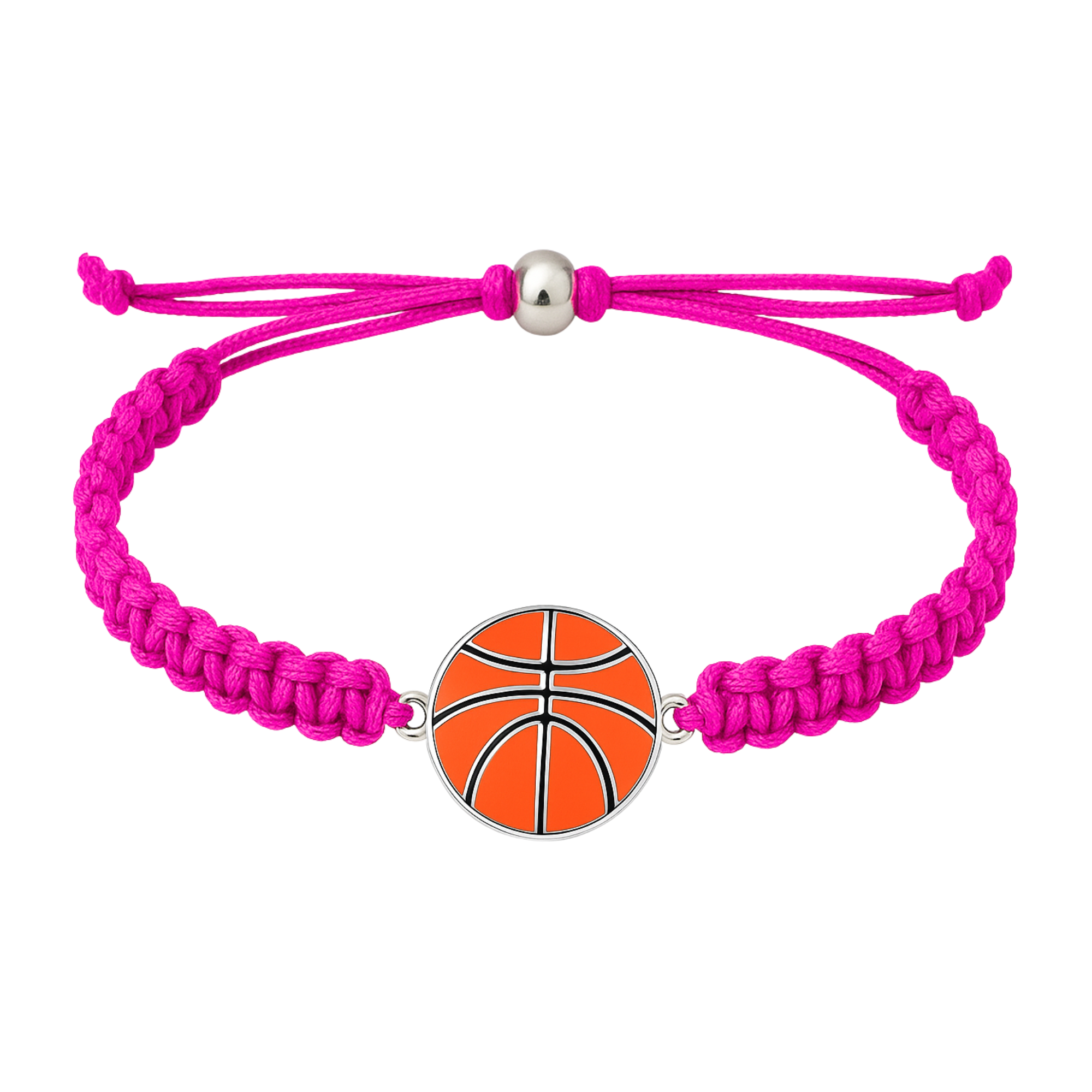 Hot pink rope bracelet with orange basketball charm and adjustable design