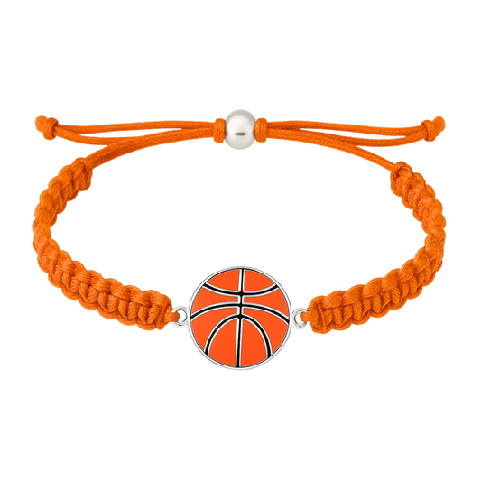 Orange braided rope bracelet with a silver and enamel basketball charm
