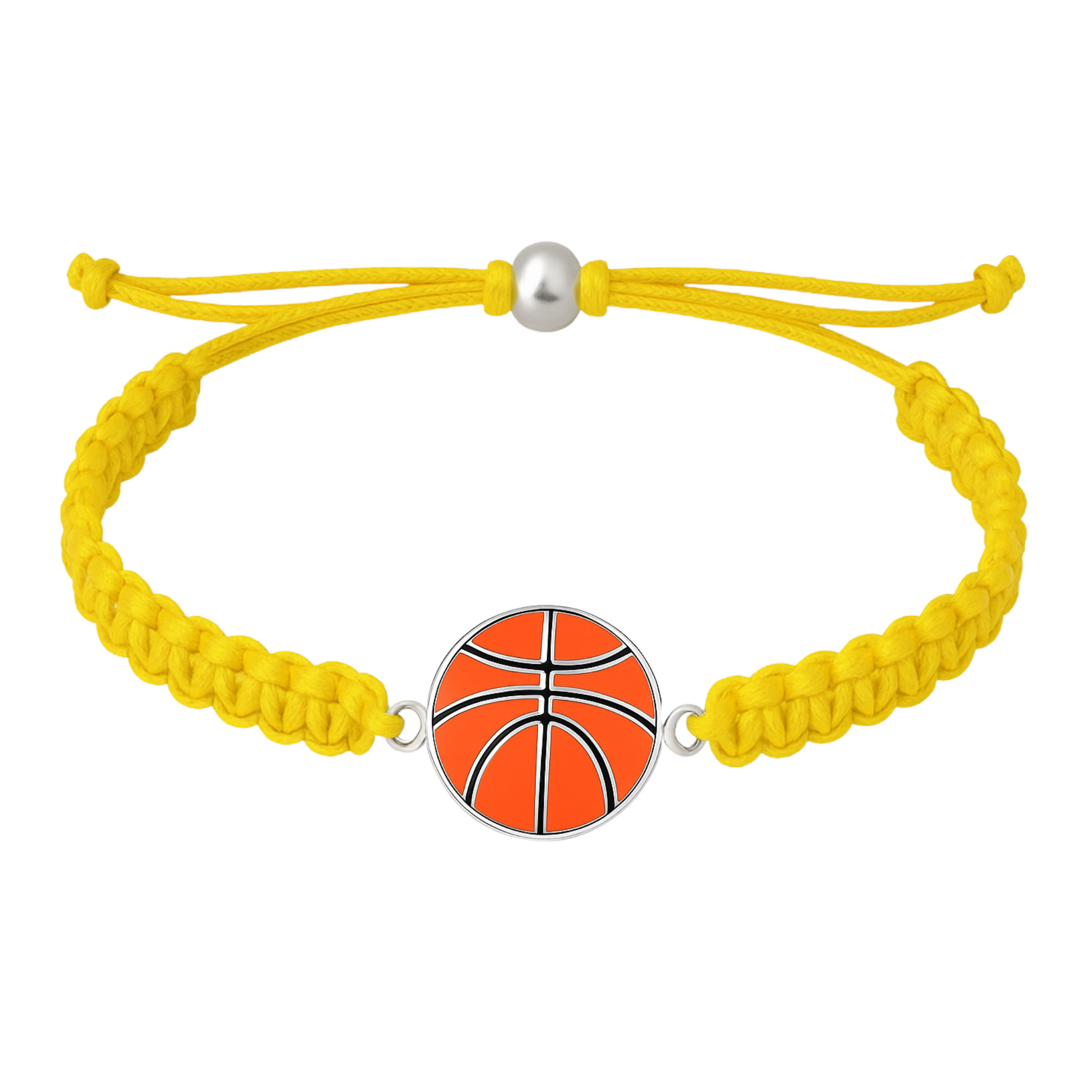 Yellow braided bracelet featuring a silver-tone basketball charm