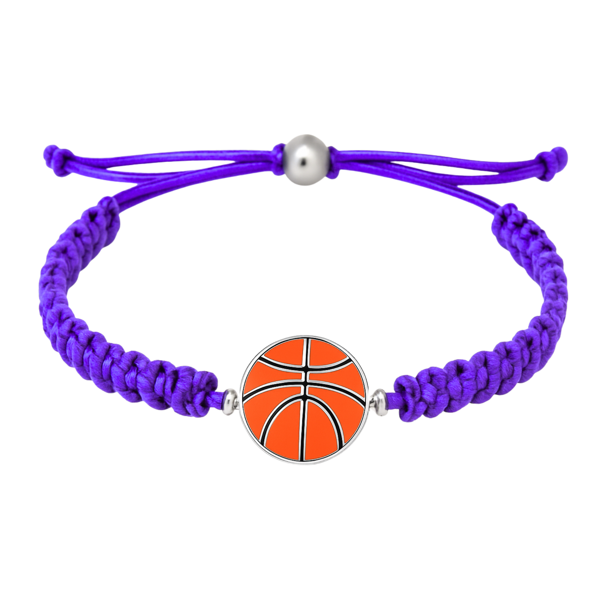 Purple rope bracelet with enamel basketball charm and slip-knot clasp.