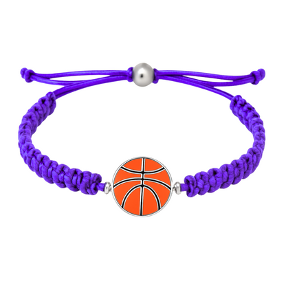 Purple rope bracelet with enamel basketball charm and slip-knot clasp.
