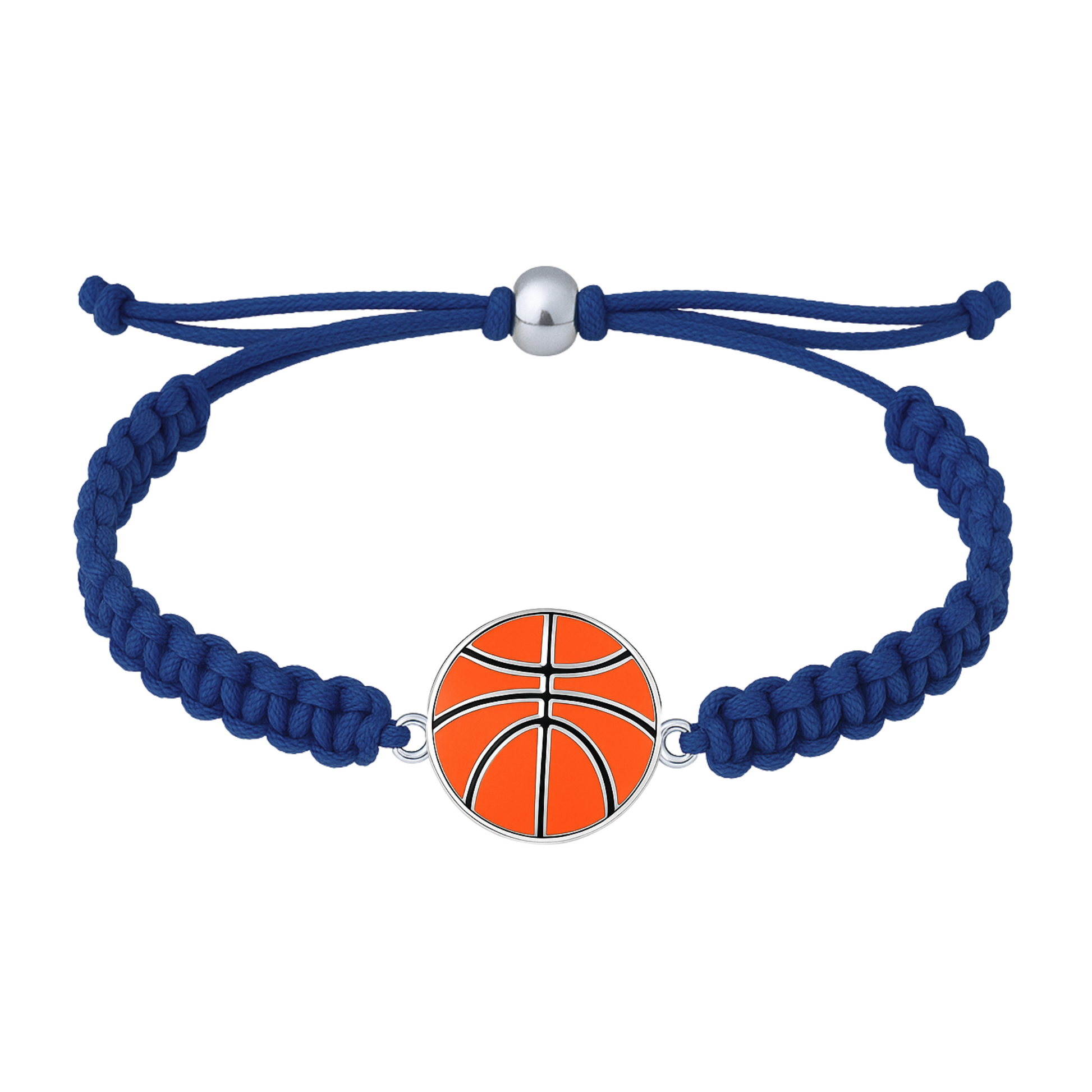 Navy blue rope bracelet with silver-tone basketball charm and woven cord