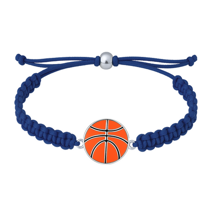 Navy blue rope bracelet with silver-tone basketball charm and woven cord