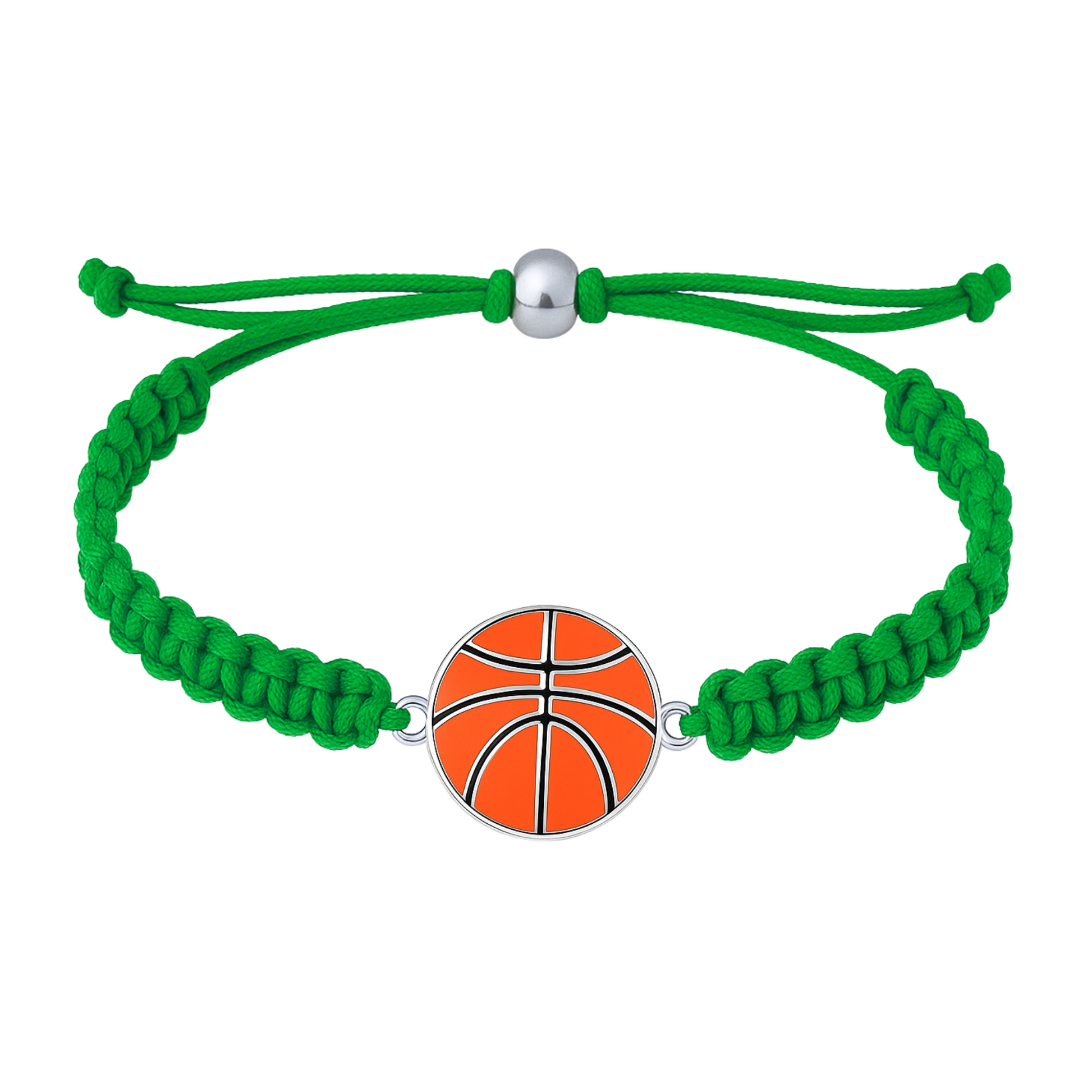 Green braided bracelet with orange basketball charm in polished silver base