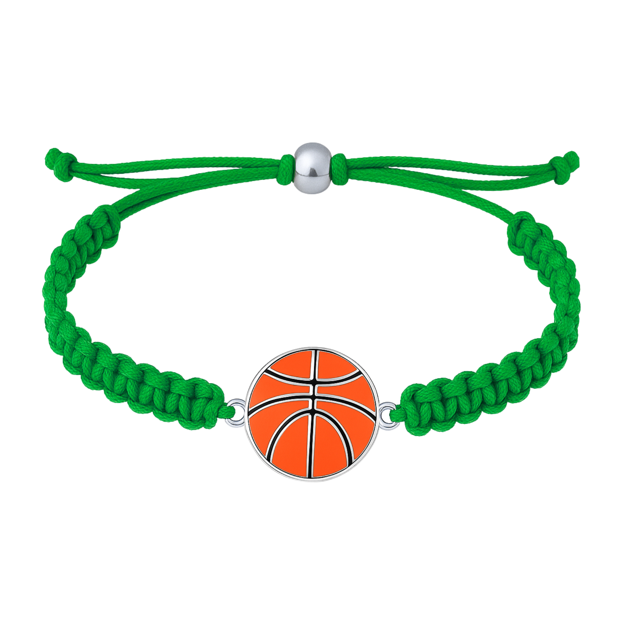 Green braided bracelet with orange basketball charm in polished silver base
