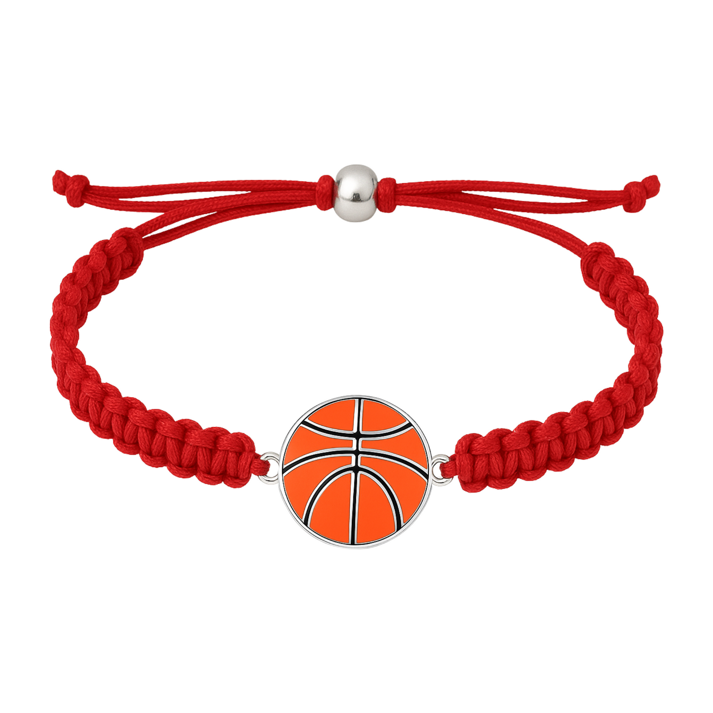 Red rope bracelet with shiny basketball charm centered on white background