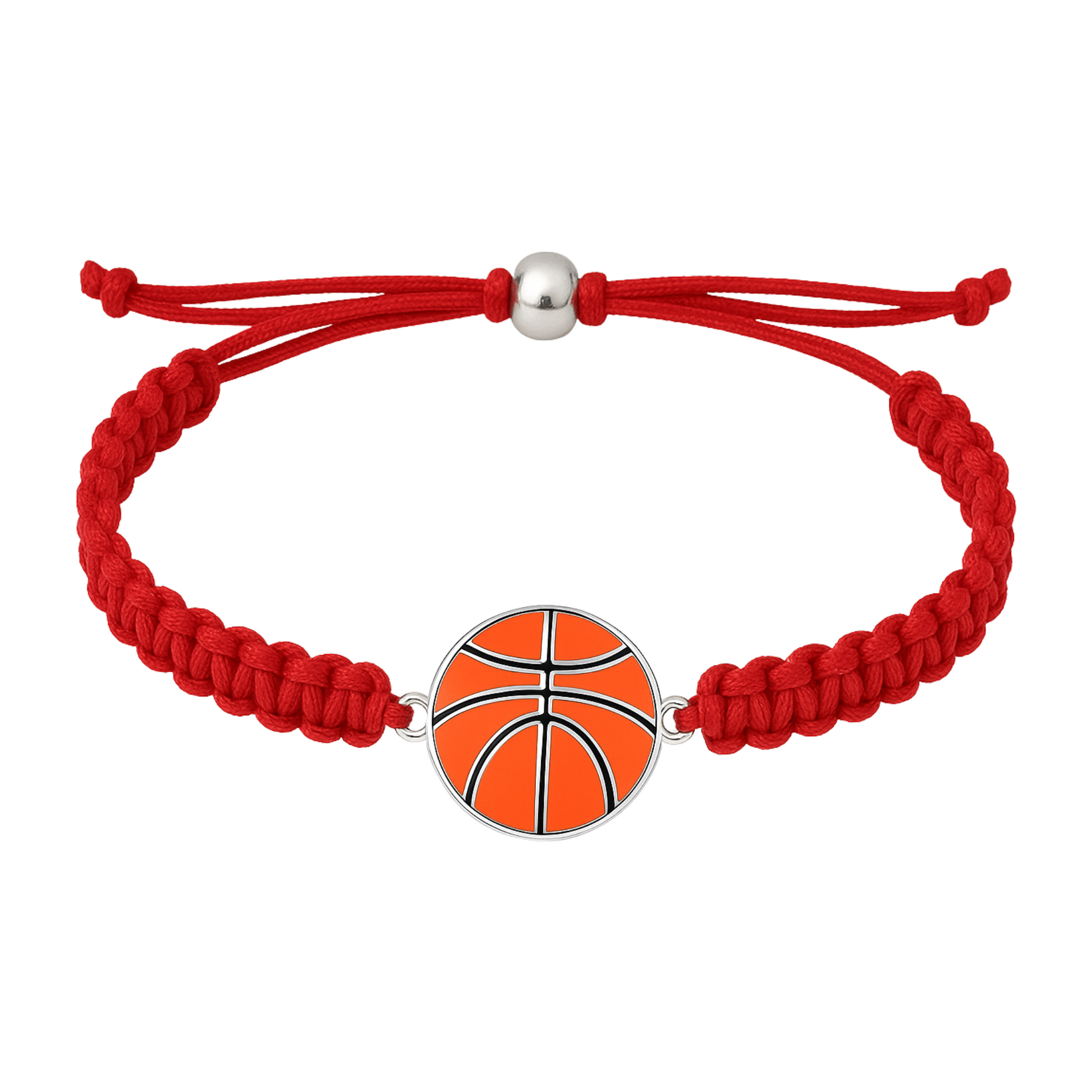 Red rope bracelet with shiny basketball charm centered on white background