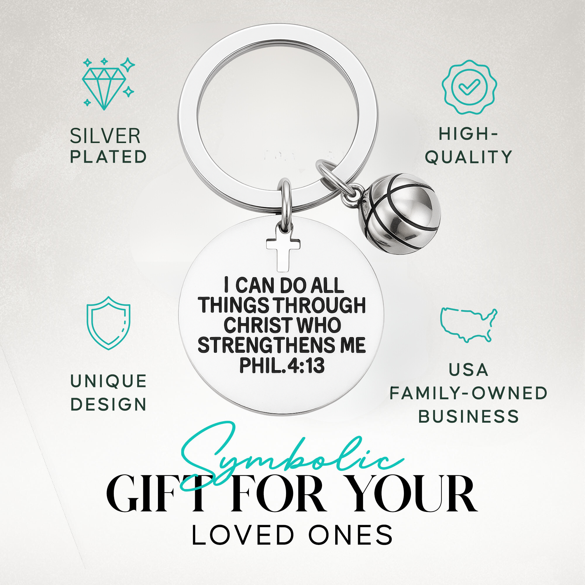 Philippians 4:13 sports keychain with heart and volleyball charm, faith-filled accessory for Christian volleyball girls