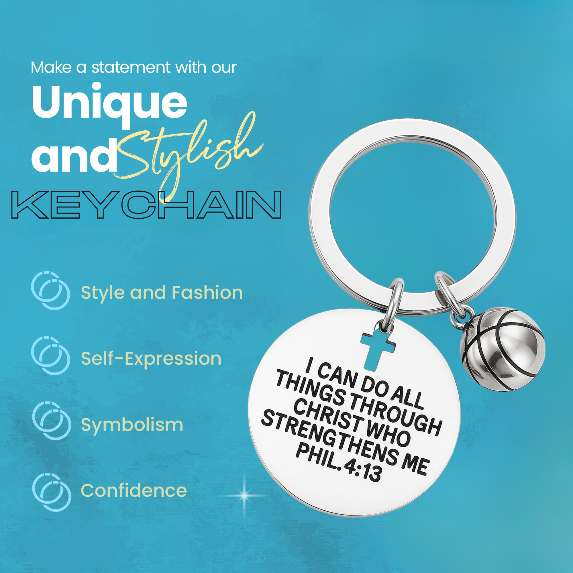 Christian athletic keychain gift featuring engraved disc and basketball charm on rustic wood background for product display