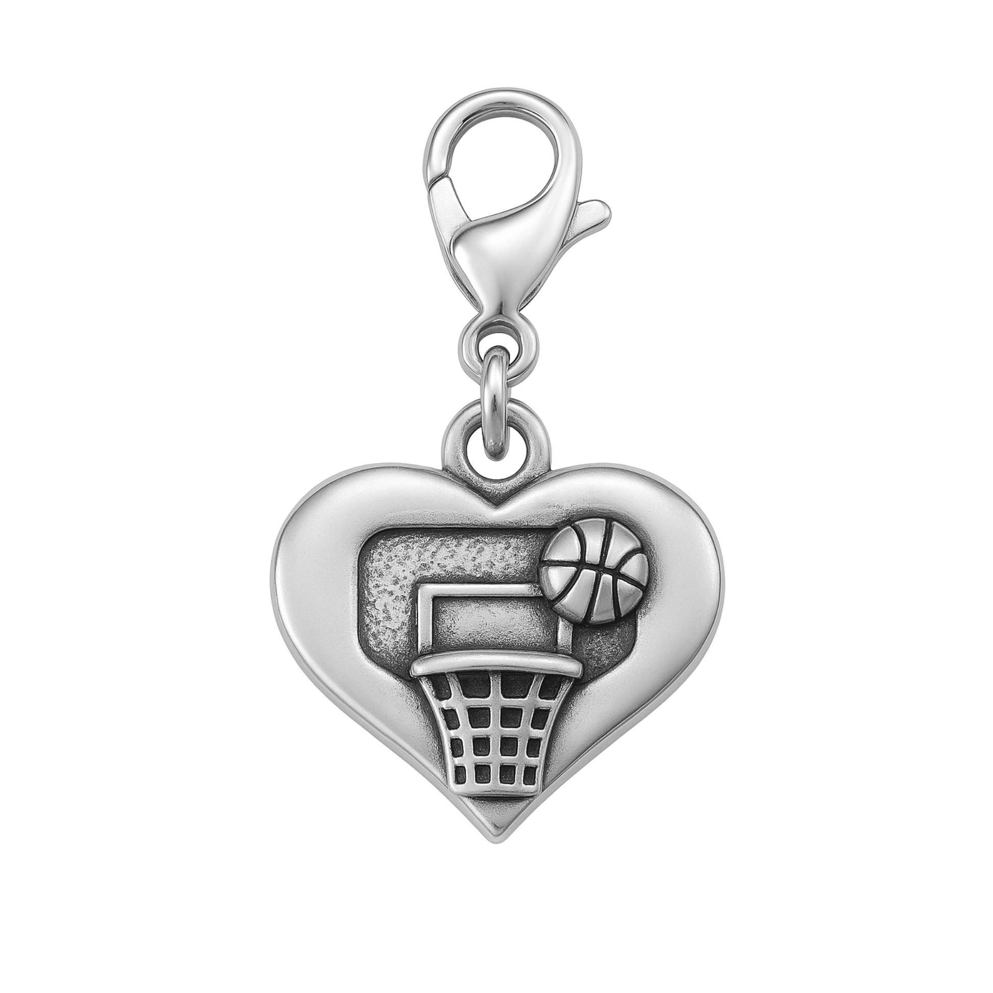 Heart-shaped basketball charm featuring court lines and secure clasp