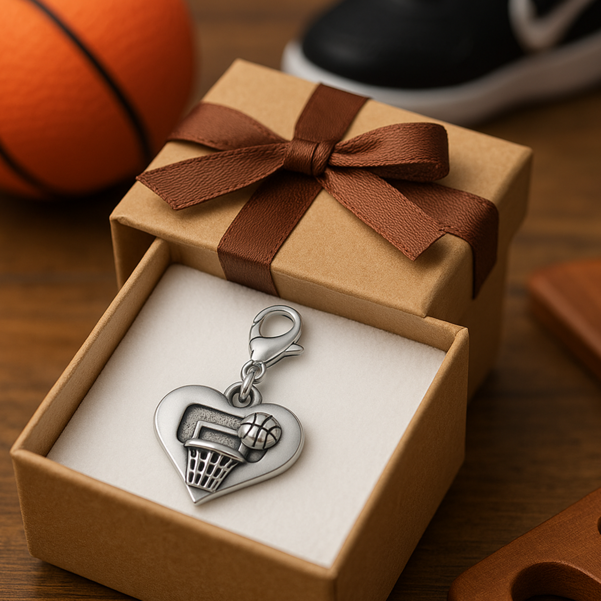 Heart basketball charm in gift box with ribbon, ready for basketball moms or coaches