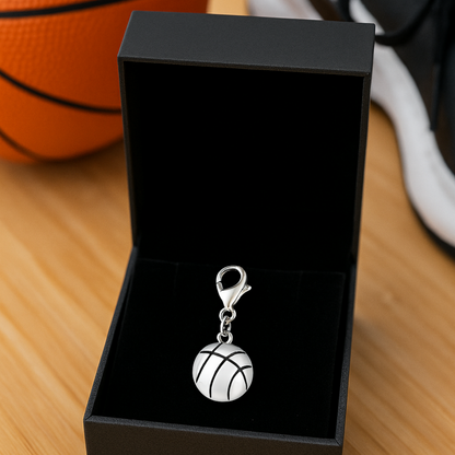  Round basketball charm displayed in a black gift box with secure lobster clasp