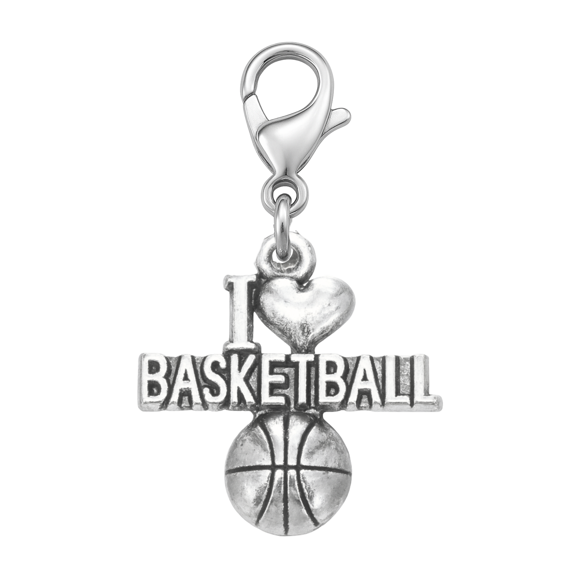 Engraved "Basketball" word charm in silver tone with bold uppercase lettering