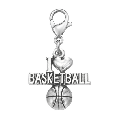 Engraved "Basketball" word charm in silver tone with bold uppercase lettering