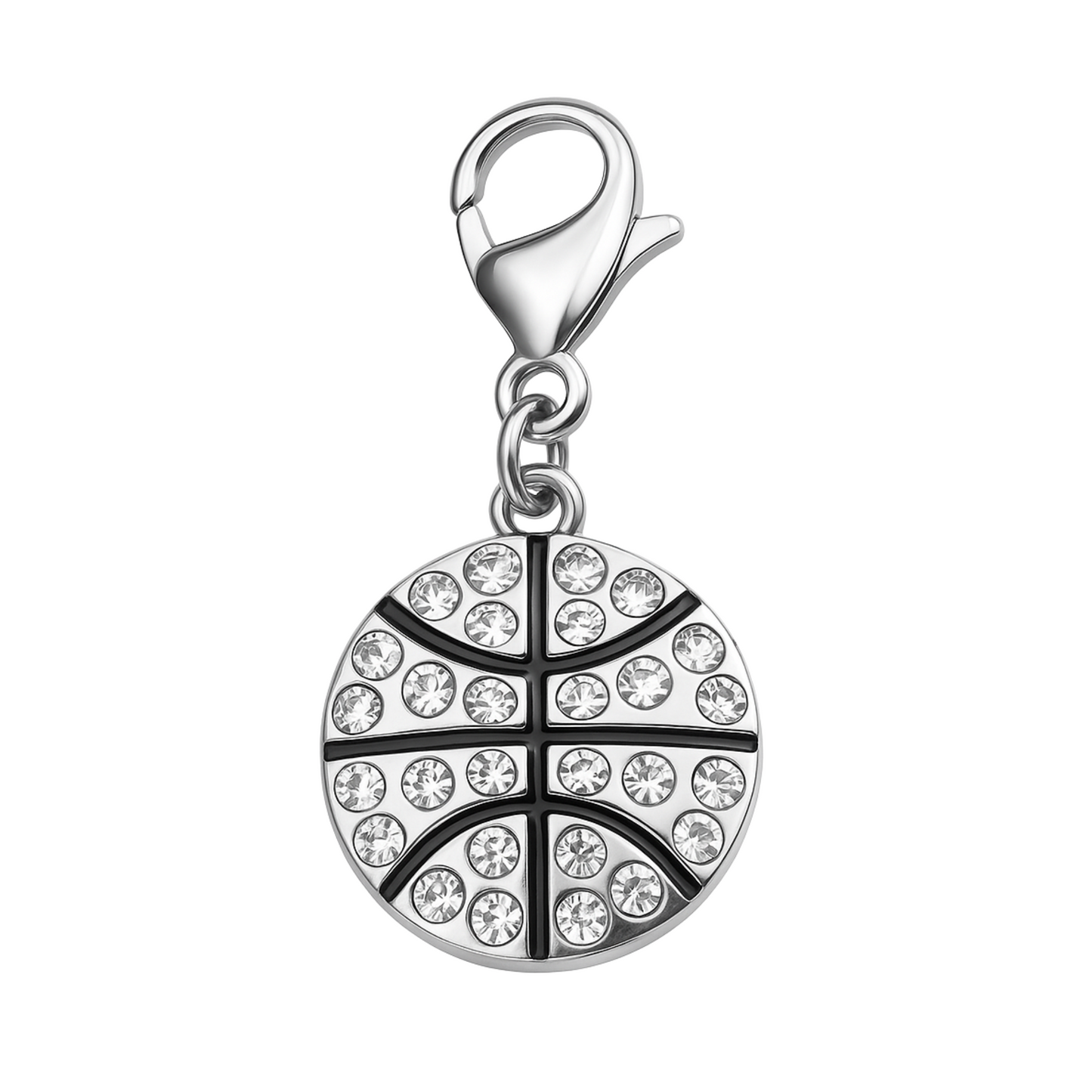 Clip-on basketball charm with engraved design and stainless steel finish