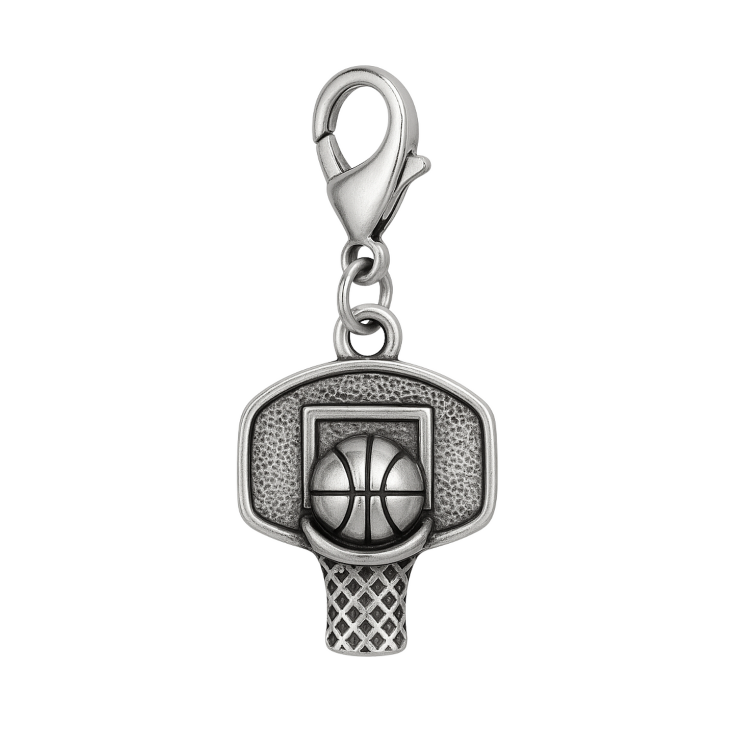 Basketball hoop and ball charm with lobster clasp attachment for easy clipping