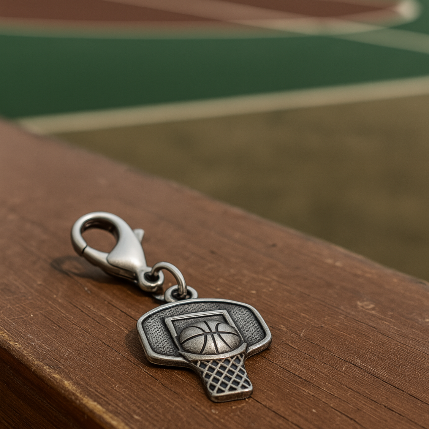 Basketball charm with lobster clasp displayed on green bench, sporty lifestyle shot