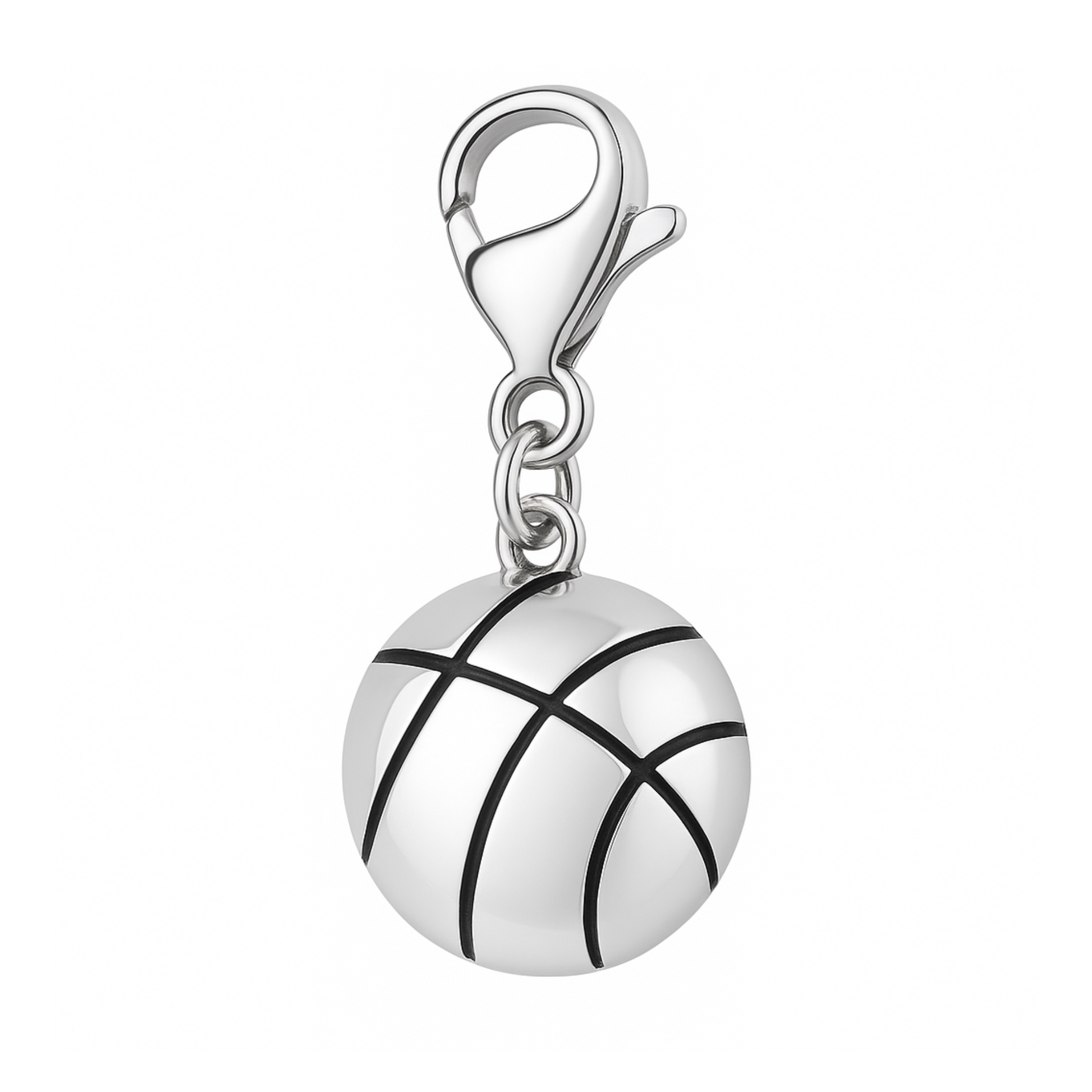 Silver basketball charm with lobster clasp, perfect as zipper pull or sports bag accessory