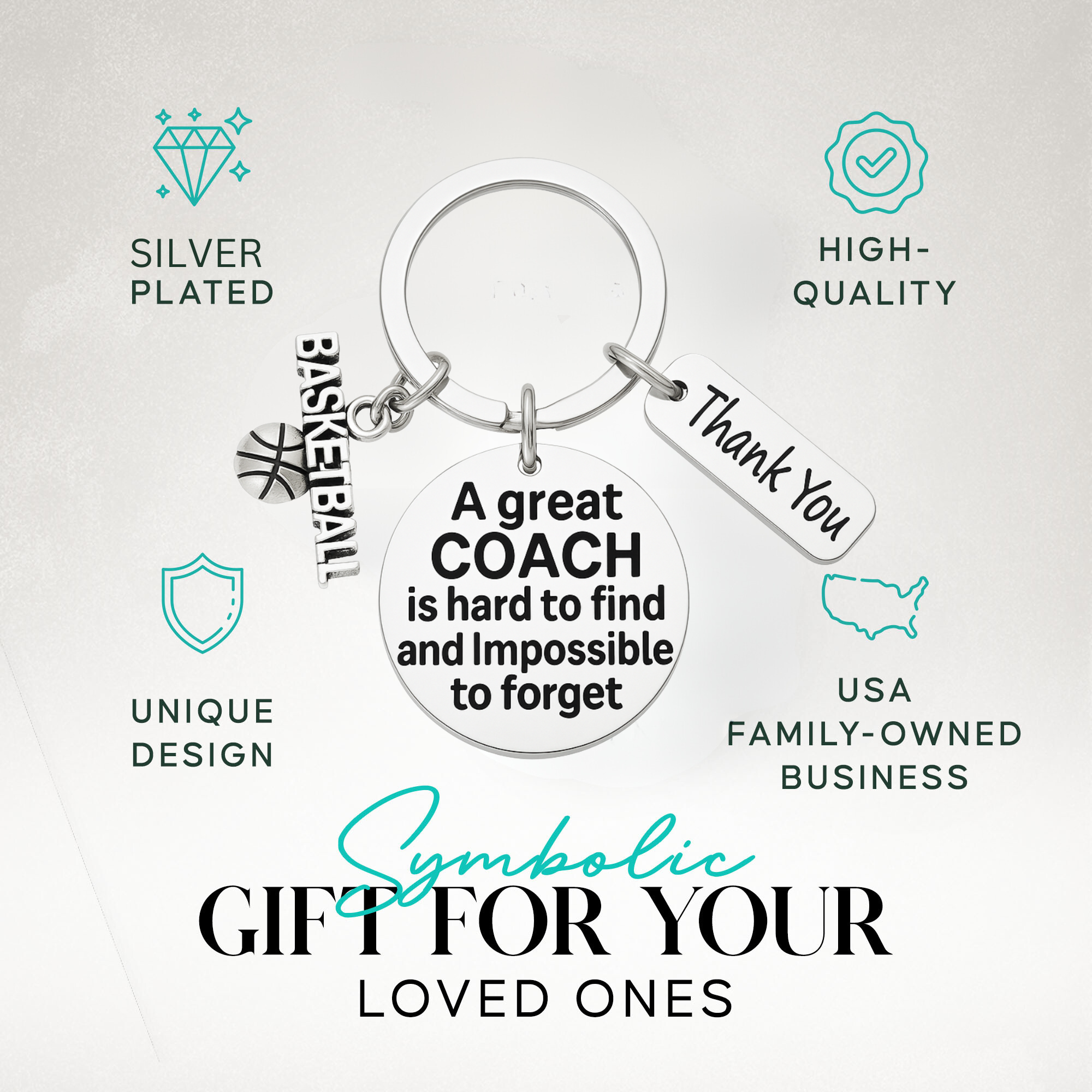 Basketball coach keychain with engraved quote and basketball charm
