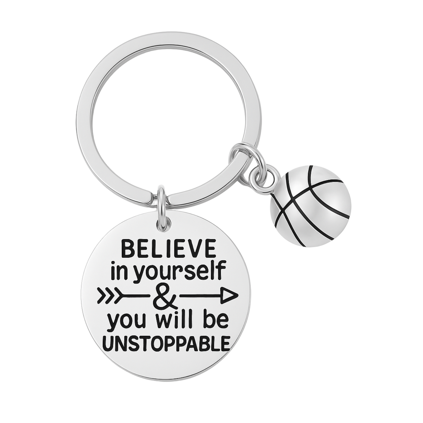 Silver basketball keychain with engraved charm reading “Believe in Yourself & You Will Be Unstoppable”