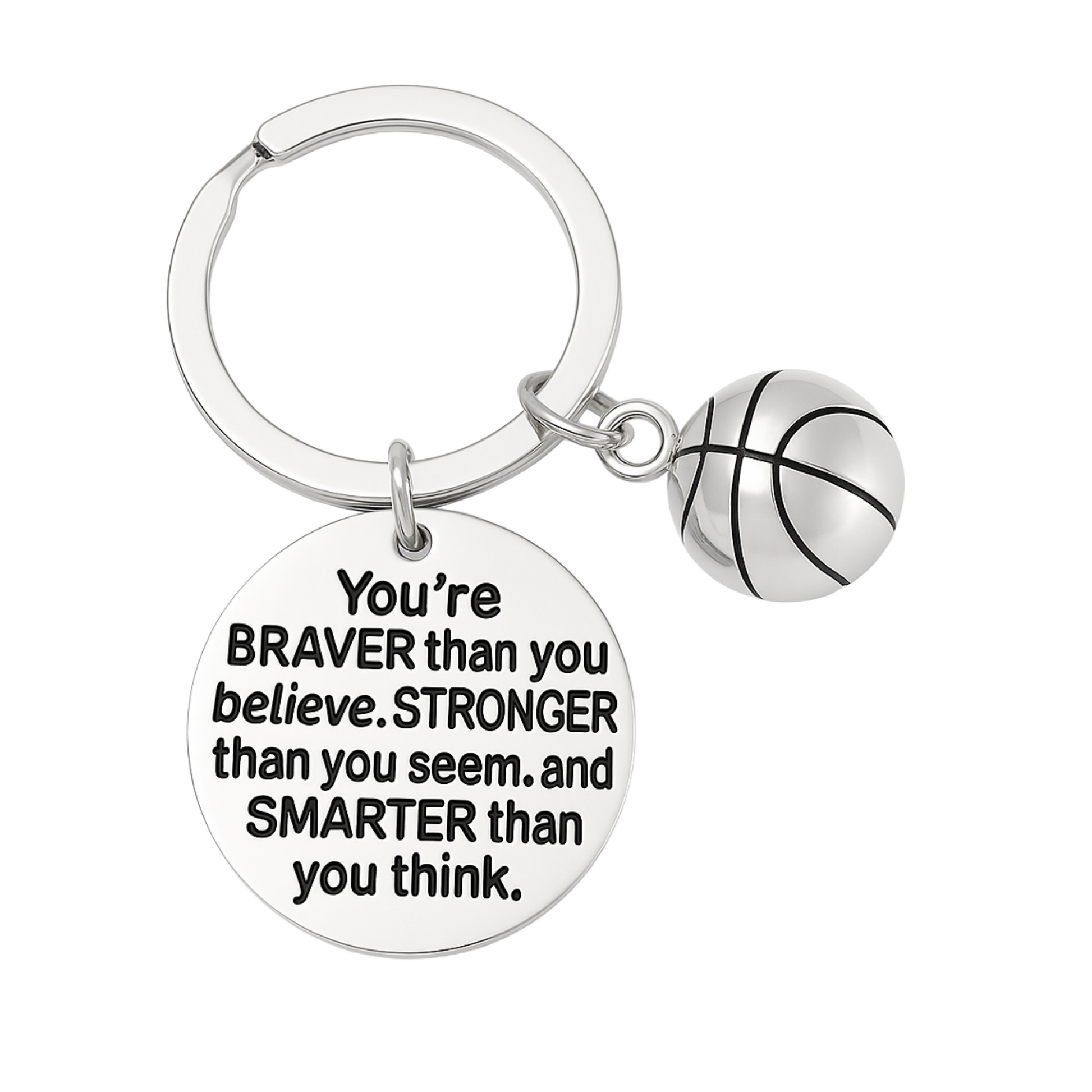Silver basketball keychain with engraved charm reading “Believe in Yourself & You Will Be Unstoppable”