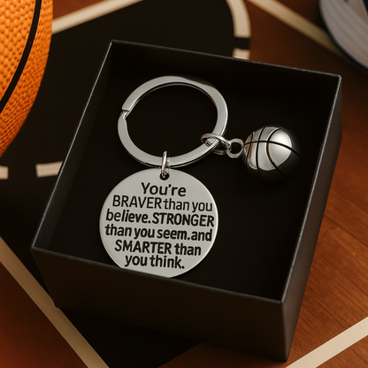 Keychain in elegant black jewelry box with silver basketball and motivational charm