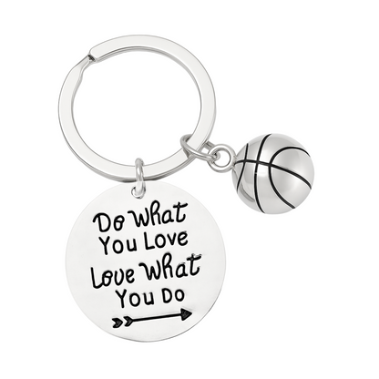 Inspirational basketball keychain with engraved quote and mini basketball charm