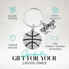 Product packaging with icons showing hypoallergenic and durable materials for keychain